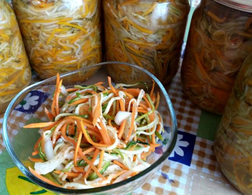 Кабачки по-корейски: самый вкусный рецепт быстрого приготовления сразу поесть. Как приготовить по-корейски кабачки, острые, с медом и соевым соусом, морковкой, баклажанами, закуску, салат из кабачков быстрого приготовления кружочками, соломкой, кольцами, 