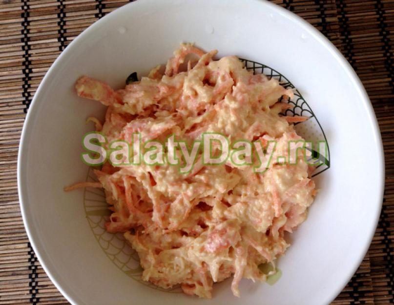 Salade de carottes au fromage et œufs.  Carottes râpées à l'ail et au fromage.  Salade de carottes au fromage et à l'ail.  Recette étape par étape avec photos.  Carottes à la mayonnaise et à l'ail : recette de base