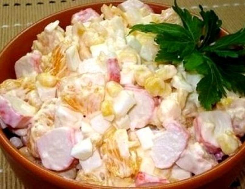 Insalata di granchio con mais.  Come preparare l'insalata di granchio con la ricetta del mais Bastoncini di gru e insalata di mais
