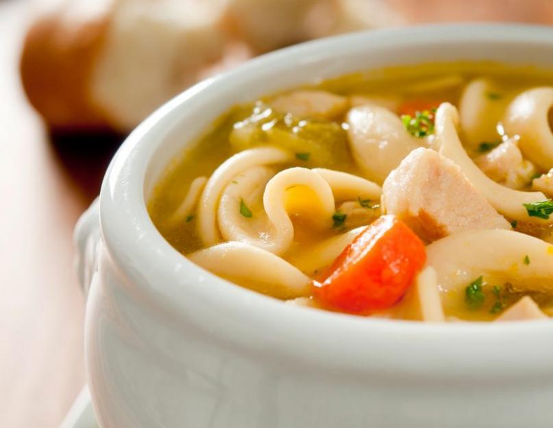 Zuppa di pollo con tagliatelle piccole.  Con tagliatelle fatte in casa.  Tagliatelle di pollo fatte in casa con funghi