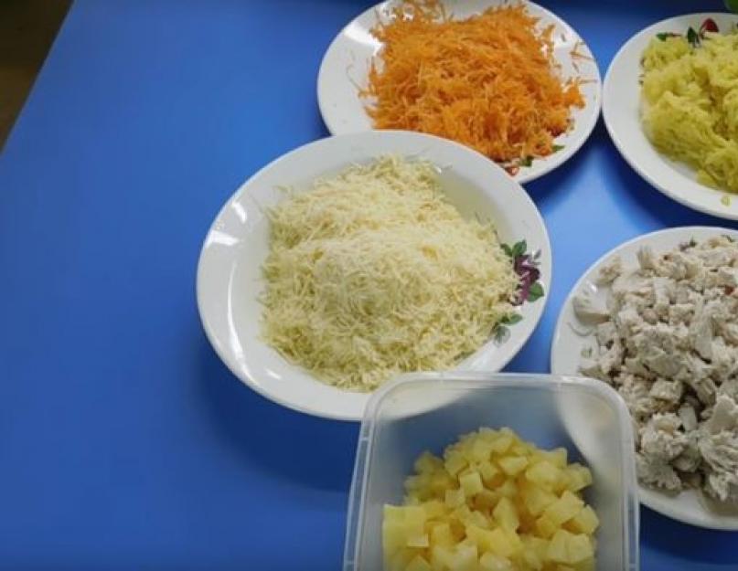 Ананасовый салат с курицей. Салат из курицы с ананасом: рецепт с фото. Салат ананасы с орешками и кукурузой