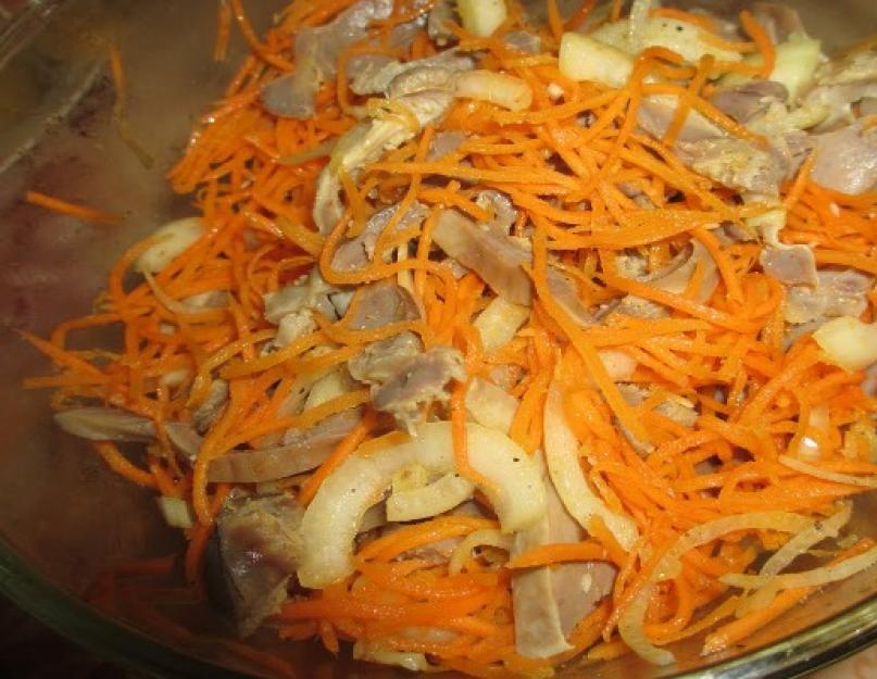 Рецепты корейских салатов из желудка коровы. Очень вкусный салат из куриных желудков по-корейски. Корейский салат из куриных желудков: простой и вкусный рецепт