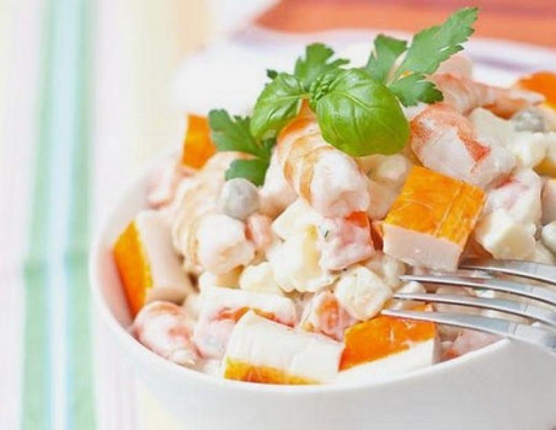 Салат с крабами и кукурузой. Крабовый салат: рецепты. Салат из крабовых палочек - вкусный рецепт с картошкой и горошком
