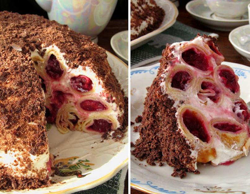 Блинный пирог с вишней и сметаной.  Вишневый торт из необычных коржей