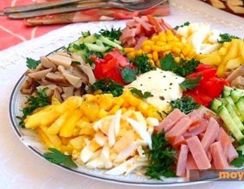 Salade arc-en-ciel aux pommes de terre sautées.  Salade arc-en-ciel : recettes pour préparer des collations simples avec des chips et du kirieshki.  Des couleurs vives sur votre table