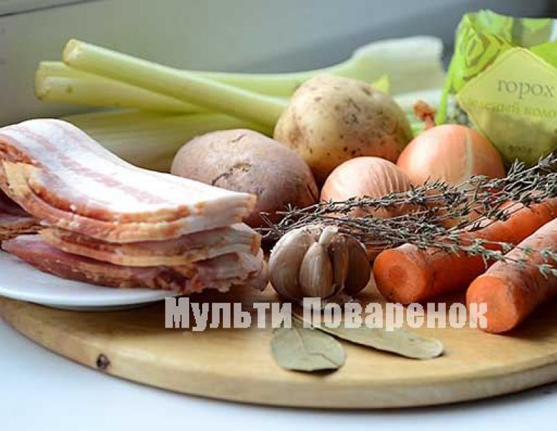 Soupe aux pois au bacon fumé dans une mijoteuse.  Soupe au bacon et petits pois en conserve (cuire dans une mijoteuse)