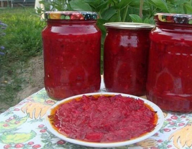 Recette de vinaigrette au bortsch pour une utilisation future.  Assaisonnement du bortsch avec de la pâte de tomate.  Vinaigrette douce au bortsch