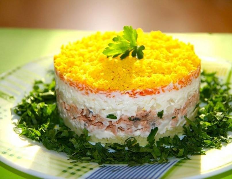 Мимоза рецепт с рисом пошаговый. Классический салат «Мимоза» с сайрой и рисом. Увидеть поэтапное приготовление салат можно тут