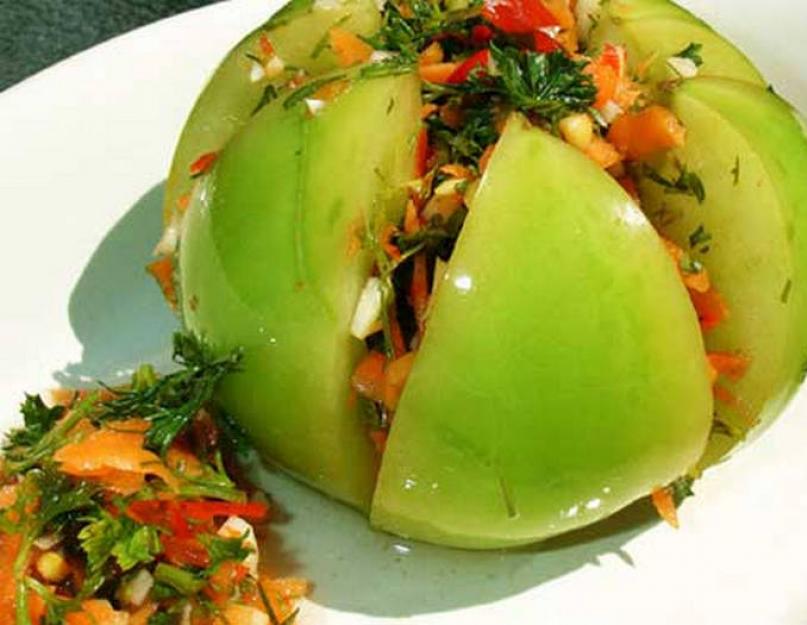 Самый вкусный рецепт закрытия зеленых помидоров. Овощной салат «Объедение». Рецепт зеленых помидор на зиму острых