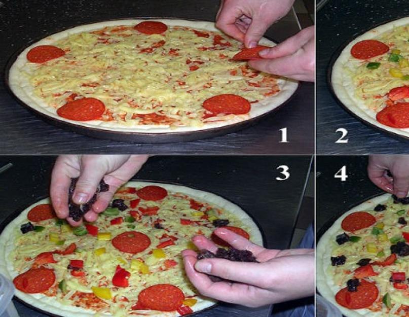 Как приготовить круглую пиццу. Начинка для пиццы с колбасой и грибами. Как сделать пиццу в домашних условиях