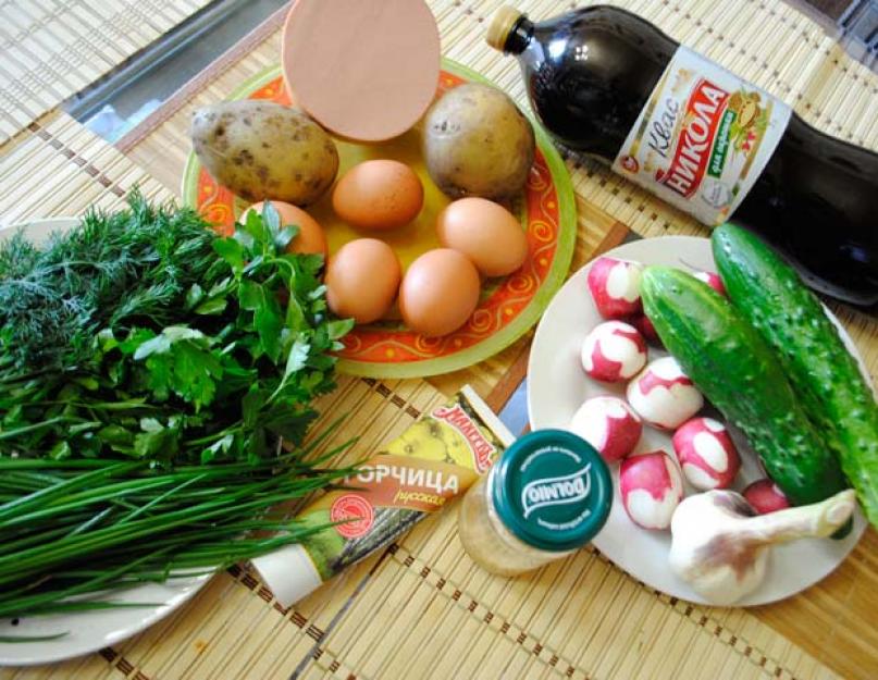 Окрошка рецепт классическая на квасе с колбасой и огурцами свежими и яйцом с фото
