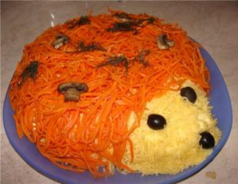 Салат ежики из грибов дружная семейка. Салат «Ежик» с корейской морковью рецепт: яркое блюдо. Салат «Ежик» с курицей, ветчиной и ананасами
