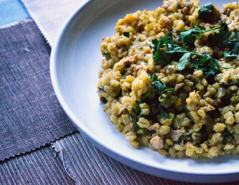 Bouillie d'orge avec cornichons et oignons.  Rassolnik à l'orge perlé et aux cornichons.  Orge au poulet