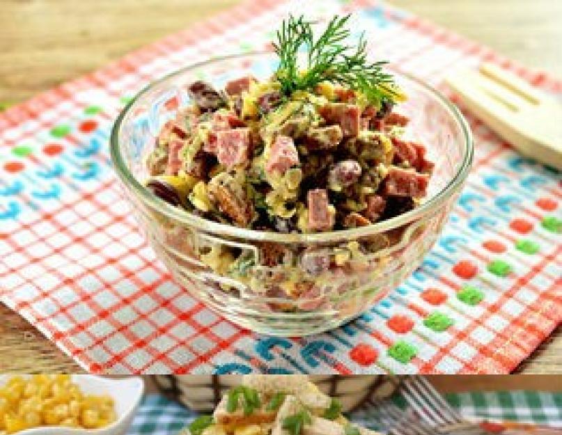 Une salade simple avec des haricots en conserve et des croûtons.  Salade 