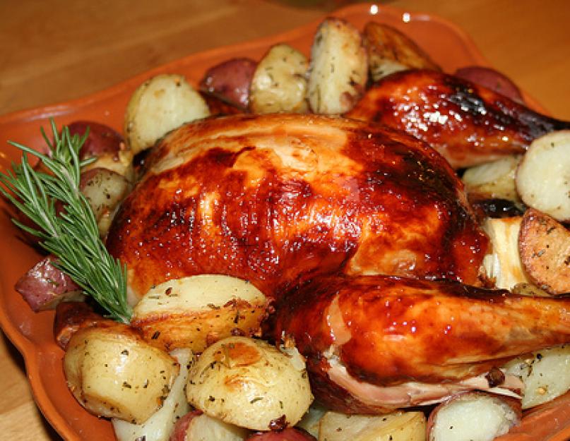 Мясо курицы и картошка в духовке. Готовим курицу в духовке целиком: запекаем только тушку и сочетаем с картошкой, начинкой